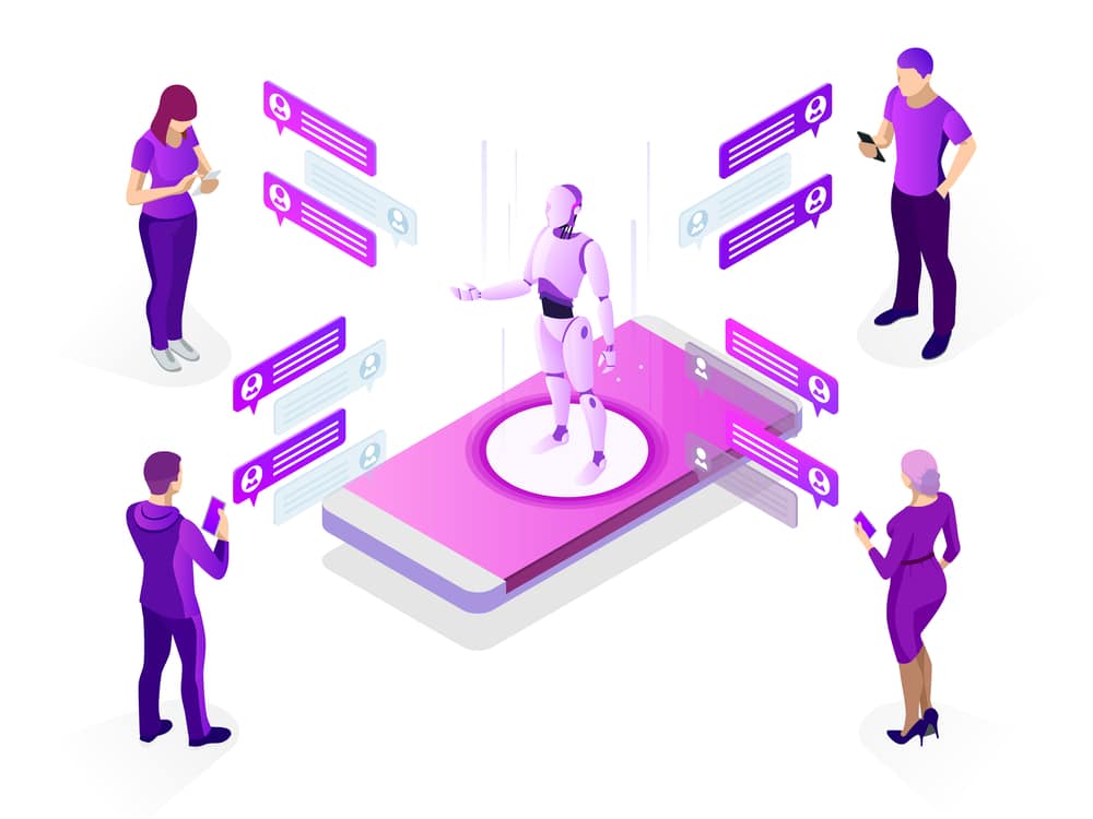 Isometric artificial intelligence concept. AI and business IOT concept. Man communicating with chatbot via instant messenger as an example of artificial intelligence. Vector illustration