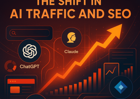 A graphic shows an upward arrow representing growth, with icons for ChatGPT, Claude, and Gemini, highlighting the shift in AI Traffic and SEO. The text "The Shift in AI Traffic and SEO" appears at the top.