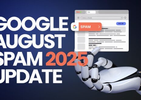 A headline that says "Google August 2025 Spam Update". And an image of a robot hand holding a Google search result page with a 