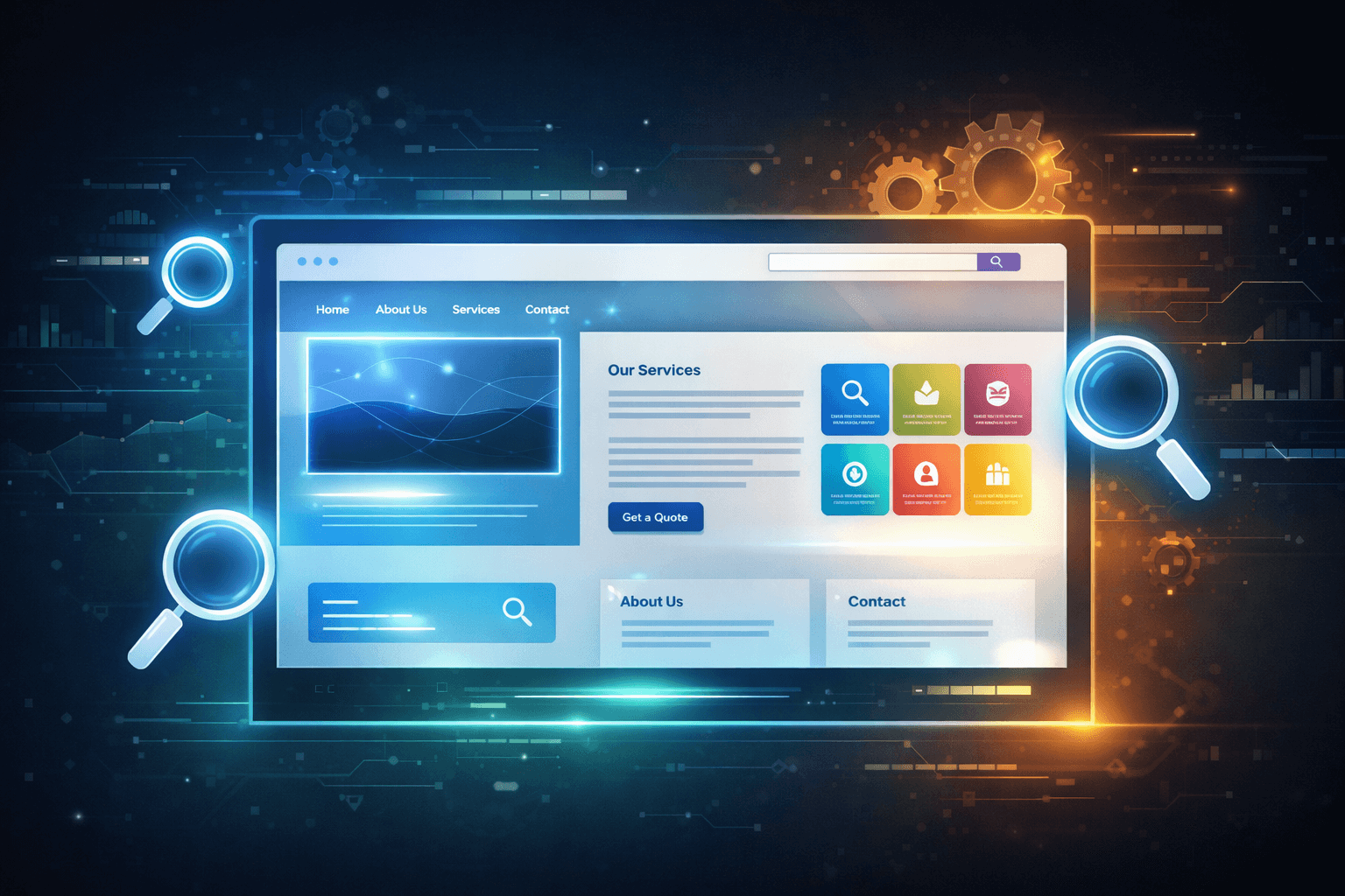 A digital illustration of a computer screen displaying a website interface with navigation menus, service icons, and magnifying glass graphics on a tech-themed background.