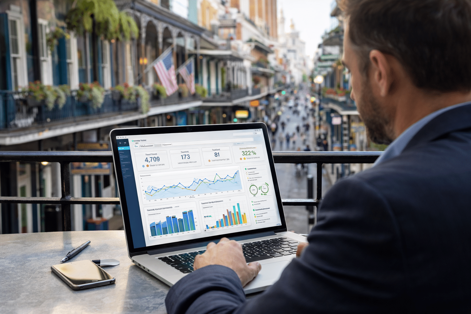 New Orleans business owner reviewing digital marketing analytics on laptop with French Quarter street view in background.png